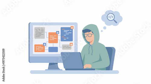 A young programmer wearing a hoodie working on a laptop with code on screen. EPS Editable. Vector Illustrations.