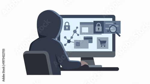 Hacker in a hoodie sitting at a computer desk performing cyber attacks. EPS Editable. Vector Illustrations.