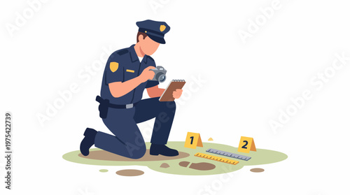 Police officer investigating crime scene and collecting evidence. EPS Editable. Vector Illustrations.