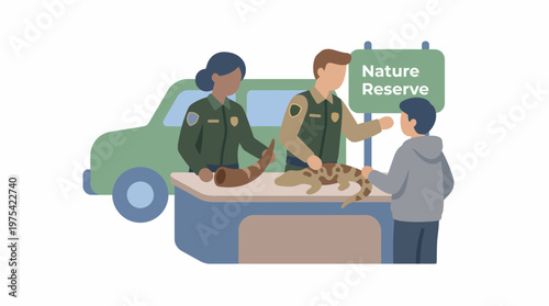 Park Rangers Educating a Visitor at a Nature Reserve Information Station. EPS Editable. Vector Illustrations.