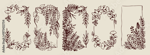 Classic leaf and vine hand drawn frame, elegant botanical border graphic design, rustic foliage and leaf doodles, organic plant frame sketch set, bohemian nature aesthetic border elements, delicate ga