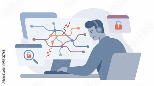 Professional cybersecurity expert monitoring network security threats on a laptop. EPS Editable. Vector Illustrations.