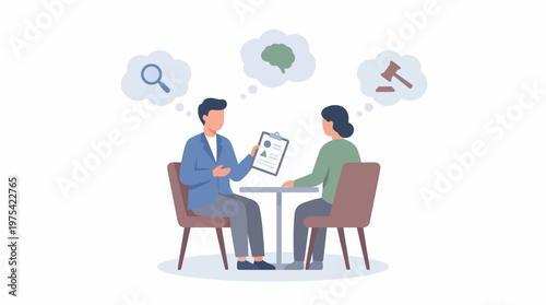 Professional legal consultation between a lawyer and a client. EPS Editable. Vector Illustrations.