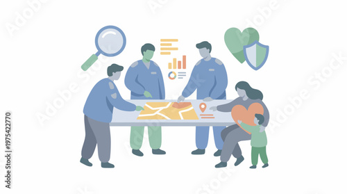 Professional social workers collaborating on a family welfare case plan. EPS Editable. Vector Illustrations.