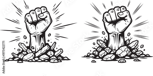 Two illustrations of a fist breaking through rocks and debris radiating energy symbolizing breaking barriers overcoming challenges immense strength