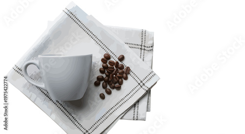Coffee cup, coffee beans, white plaid tablecloth, breakfast still life, ceramic mug