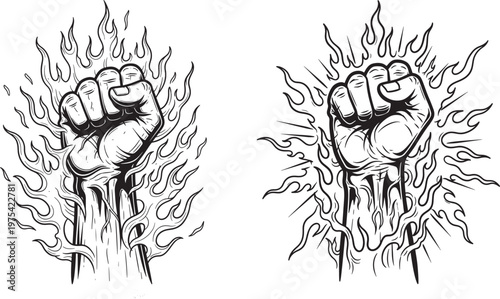 Two illustrations of a fist punching upwards with flames and energy radiating outwards symbolizing power revolution or intense emotion, strength