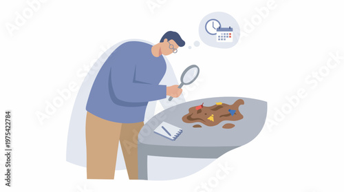 Professional investigator examining evidence with a magnifying glass. EPS Editable. Vector Illustrations.