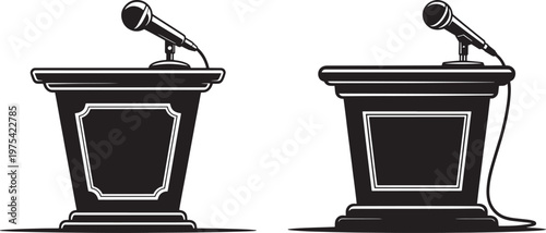 Two black podiums with microphones for debate or presentation public speaking black and white microphone presentation conference discussion