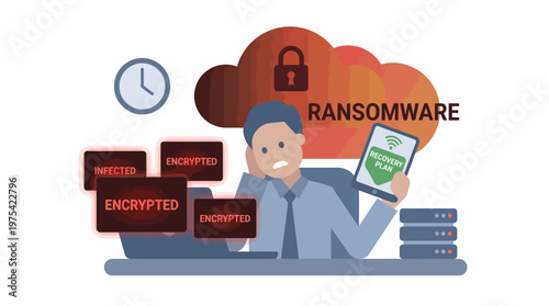 Stressed office worker facing a ransomware cyber attack on computer. EPS Editable. Vector Illustrations.