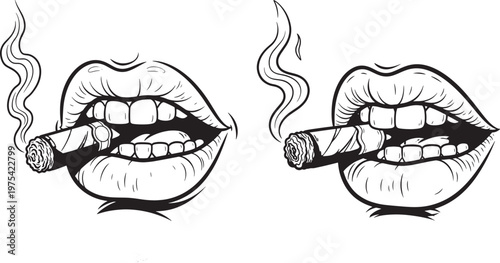 Two close-up illustrations of open mouths smoking cigars wisps of smoke rising conveying a sense of indulgence rebellion or a classic style