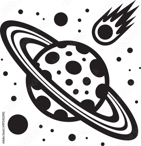 Stylized planet with rings and comet in outer space solar system night sky universe astronomy celestial illustration abstract exploration