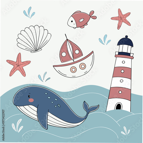 Whimsical nautical icons, colorful sea creatures, lighthouse, sailboat, ocean symbols, vector illustrations