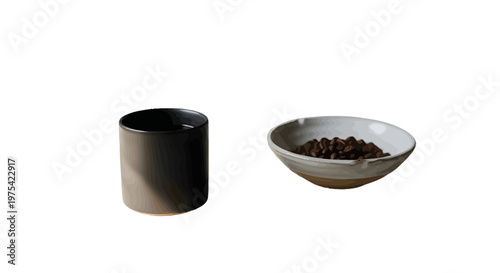 Coffee cup and bowl with coffee beans, ceramic tableware, kitchenware, breakfast items