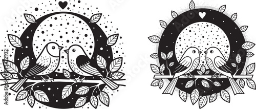 Two pairs of birds perched on branch under moon with lovebirds illustration stylized romantic whimsical friendship companionship relationship