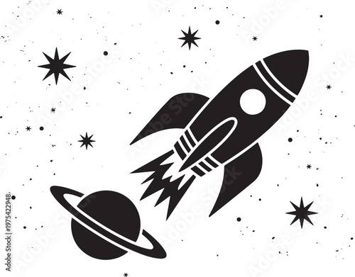 Rocket ship flying past a ringed planet in space with outer space celestial body solar system black hole universe astronomy exploration