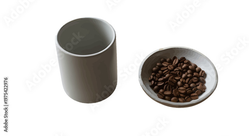 Coffee cup, coffee beans, brown ceramic, breakfast, morning routine, vector