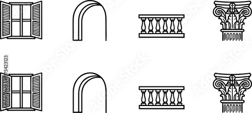 Architectural elements icon set featuring window shutters, arch doorway, balcony balustrade and classical column capital in outline vector style for design projects
