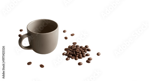 Coffee cup, brown coffee beans, ceramic mug, breakfast drink