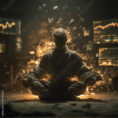 Meditating man radiates calm amid falling money. Glowing currency surrounds him in digital market chaos. Stock charts flicker behind his focused, serene expression