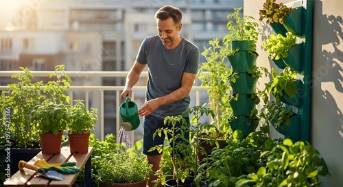 Man tending to plants on a balcony garden with watering can.