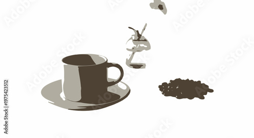 Brown coffee cup, coffee beans, saucer, vector illustration, caffeine, drink