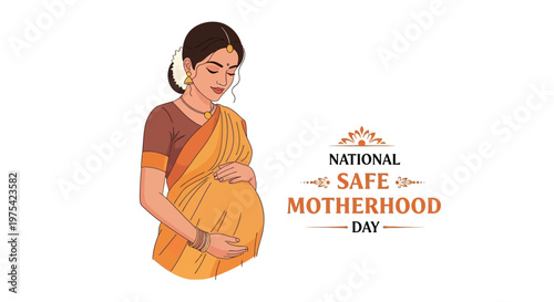 Illustrated in a clean, flat style, a pregnant woman wearing a traditional sari gently touches her stomach in a vector design promoting maternal health awareness for National Safe