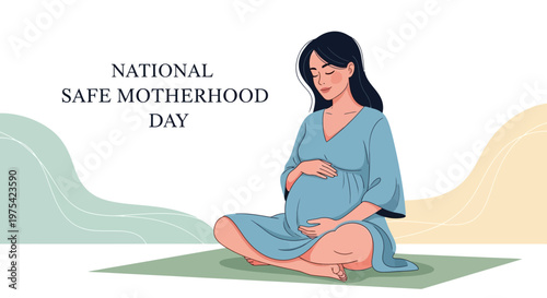 Seated in a serene yoga pose, a pregnant woman gently cradles her belly in this vector illustration promoting safe motherhood, set against a soft, pastel-colored backdrop to evoke a sense