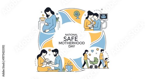 Vector illustration promoting National Safe Motherhood Day, featuring scenes of prenatal care, mothers with babies, and families strolling, all set against a clean white background