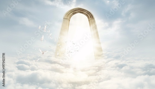 A serene and peaceful depiction of a heavenly archway in the clouds with birds flying towards the light