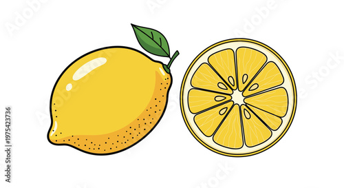Ripe yellow lemon and a fresh juicy slice are shown together with a single green leaf to represent citrus fruit and healthy vitamin sources.