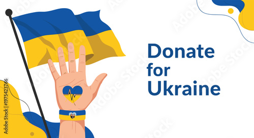 Charity poster for Ukraine featuring a waving national flag and a hand with a heart symbol urging for support and humanitarian donations.