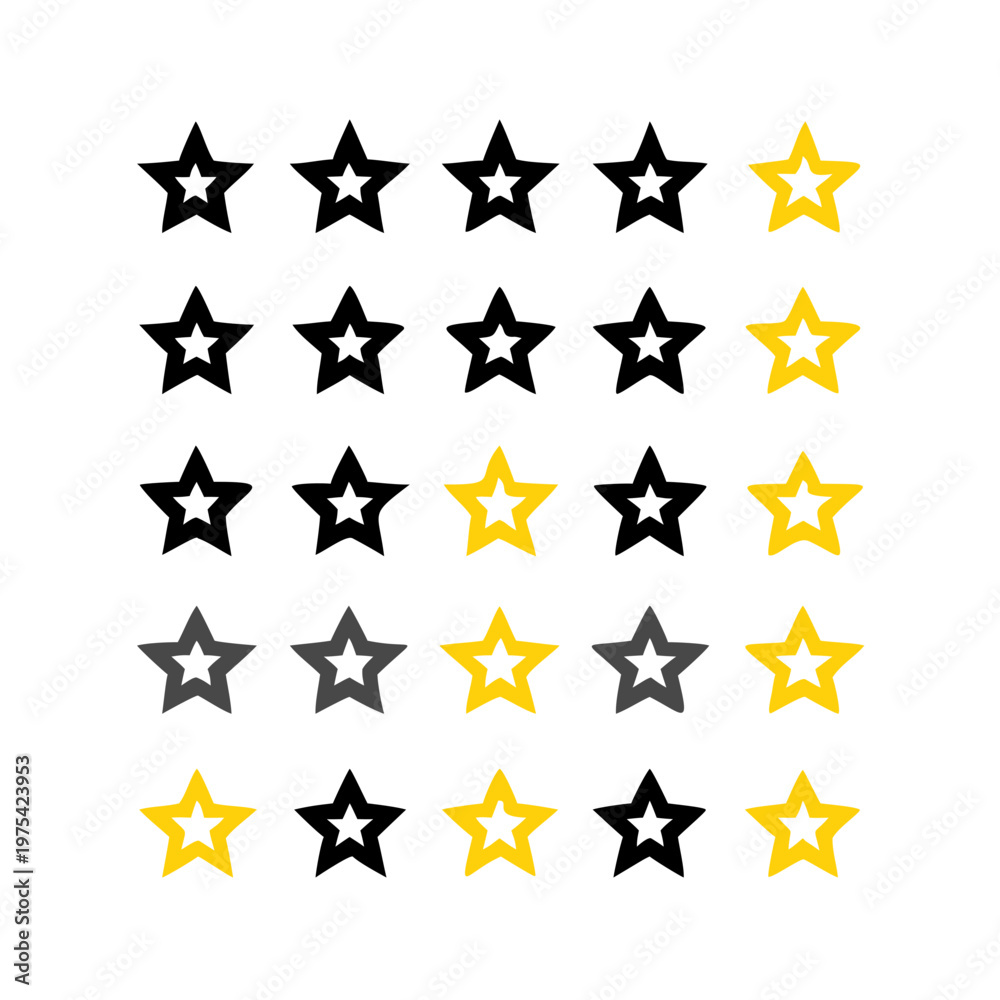 Fototapeta premium Collection of twenty yellow and black star icons on white background