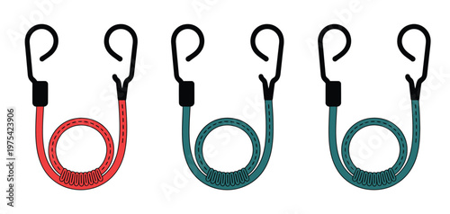 Drawing cartoon elastic with hook, cord with hooks bungee spider sign rope icon, featuring braided elastic strap with steel hooks, designed as a clean vector illustration suitable for luggage racks, 