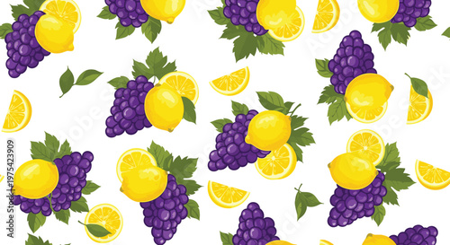 Colorful seamless pattern showing clusters of purple grapes and whole lemons with green leaves perfect for kitchen and dining room decor.
