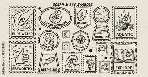 Ocean and sea symbols stamps, hand drawn maritime nautical icons, vintage marine life sketches, nautical exploration graphic elements, hand drawn lighthouse and anchor symbols, rustic seaside travel i