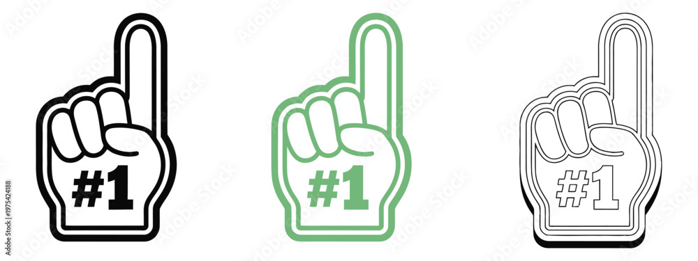 Obraz premium Number one foam finger icons celebrating victory or achievement, sports fan hand gesture symbol, foam hand sign for cheering