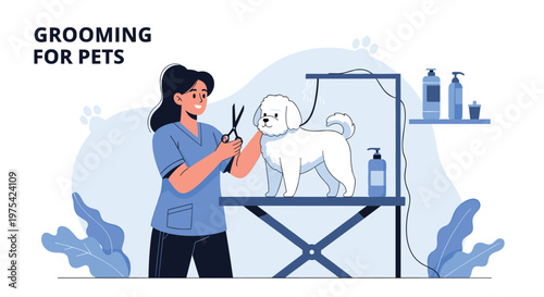 Professional groomer uses scissors to trim the coat of a fluffy white dog on a grooming table in a clean pet care salon environment.
