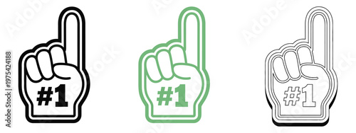 Number one foam finger icons celebrating victory or achievement, sports fan hand gesture symbol, foam hand sign for cheering