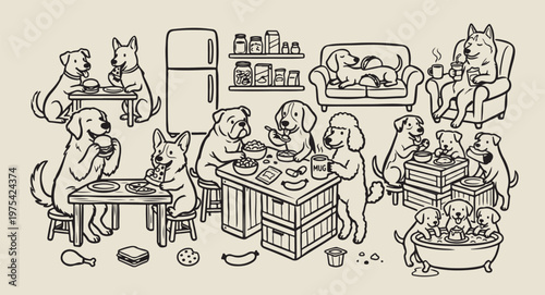Dogs dining at restaurant doodles, hand drawn canine eating sketches, whimsical puppies at dinner table graphics, cute animal food life illustrations, humorous pet cafe doodles, hand drawn dog meal el