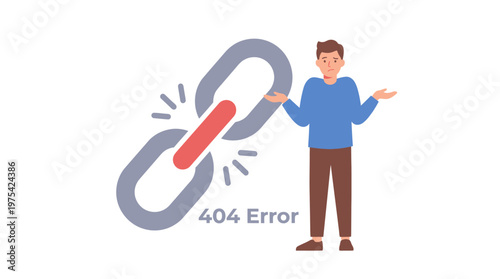 404 Error page design with broken chain link and confused man. EPS Editable. Vector Illustrations.