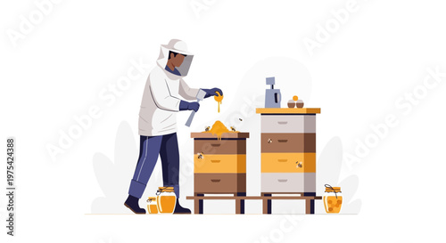 A beekeeper in a protective suit harvesting fresh organic honey from wooden beehives. EPS Editable. Vector Illustrations.