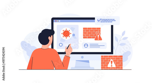 A man using a computer to detect a digital virus and firewall security threat. EPS Editable. Vector Illustrations.