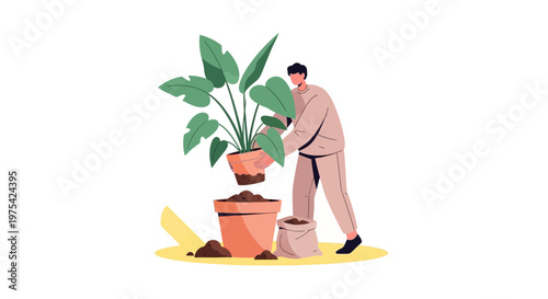 A man transplanting a houseplant into a larger clay pot in his home garden. EPS Editable. Vector Illustrations.