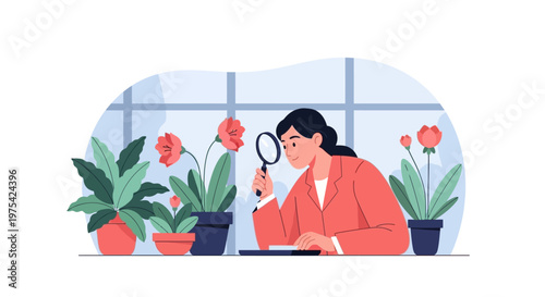 A botanist examining a potted flower with a magnifying glass. EPS Editable. Vector Illustrations.
