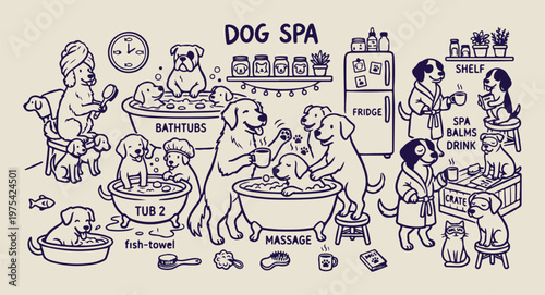 Relaxing dogs at spa doodles, hand drawn canine bath sketches, whimsical puppies in bathtub graphics, cute animal grooming illustrations, humorous pet wellness doodles, hand drawn dog shower elements,