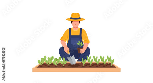 A dedicated farmer planting young seedlings in a garden bed. EPS Editable. Vector Illustrations.