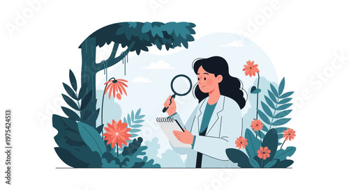 A dedicated female scientist examining plant life with a magnifying glass. EPS Editable. Vector Illustrations.