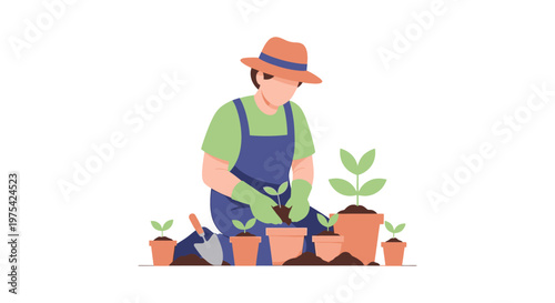 A dedicated gardener wearing a hat and overalls planting young seedlings in clay pots. EPS Editable. Vector Illustrations.
