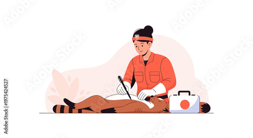 A dedicated healthcare worker providing emergency first aid to an injured person. EPS Editable. Vector Illustrations.
